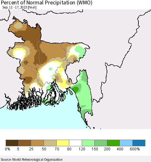 Bangladesh Percent of Normal Precipitation (WMO) Thematic Map For 9/11/2023 - 9/17/2023