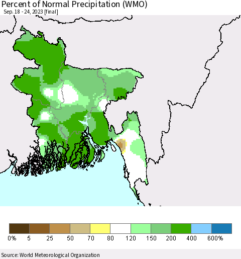 Bangladesh Percent of Normal Precipitation (WMO) Thematic Map For 9/18/2023 - 9/24/2023