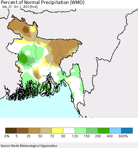 Bangladesh Percent of Normal Precipitation (WMO) Thematic Map For 9/25/2023 - 10/1/2023