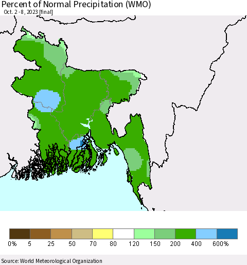 Bangladesh Percent of Normal Precipitation (WMO) Thematic Map For 10/2/2023 - 10/8/2023