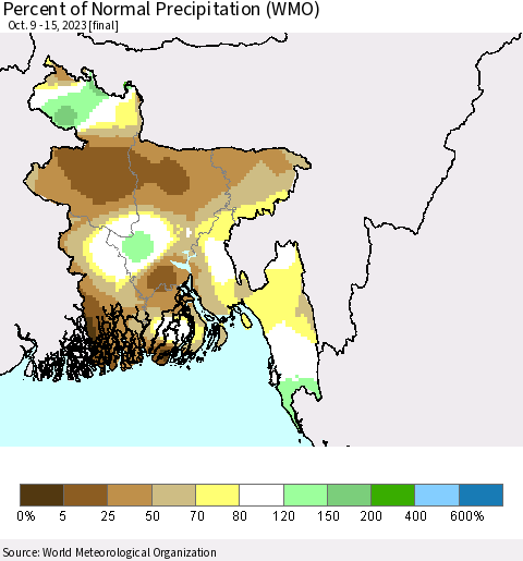Bangladesh Percent of Normal Precipitation (WMO) Thematic Map For 10/9/2023 - 10/15/2023