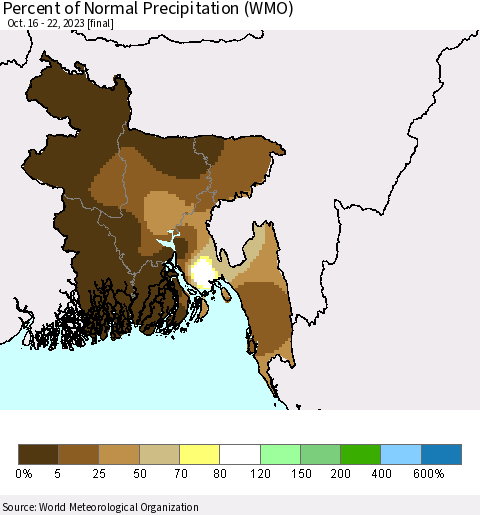 Bangladesh Percent of Normal Precipitation (WMO) Thematic Map For 10/16/2023 - 10/22/2023
