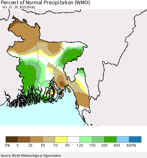 Bangladesh Percent of Normal Precipitation (WMO) Thematic Map For 10/23/2023 - 10/29/2023