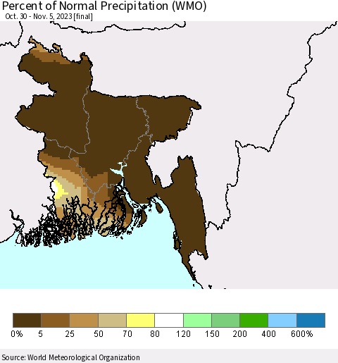 Bangladesh Percent of Normal Precipitation (WMO) Thematic Map For 10/30/2023 - 11/5/2023