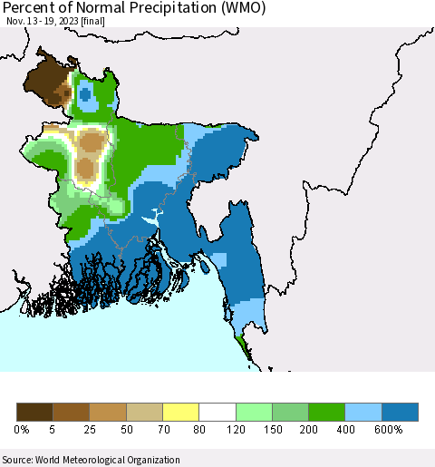 Bangladesh Percent of Normal Precipitation (WMO) Thematic Map For 11/13/2023 - 11/19/2023