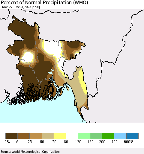 Bangladesh Percent of Normal Precipitation (WMO) Thematic Map For 11/27/2023 - 12/3/2023