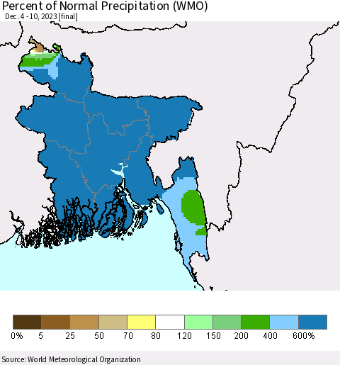 Bangladesh Percent of Normal Precipitation (WMO) Thematic Map For 12/4/2023 - 12/10/2023