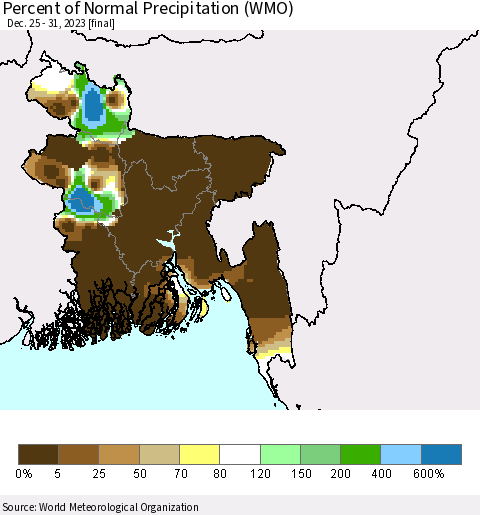 Bangladesh Percent of Normal Precipitation (WMO) Thematic Map For 12/25/2023 - 12/31/2023