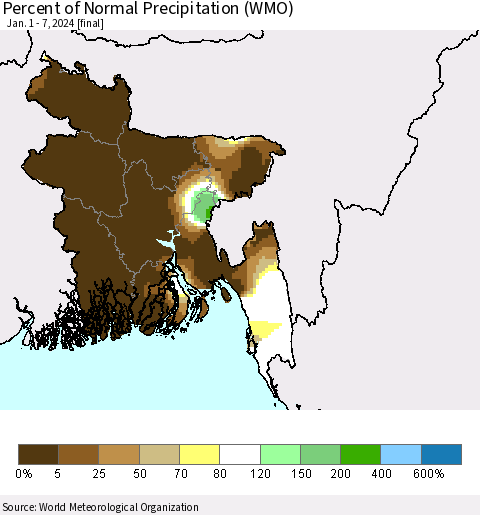 Bangladesh Percent of Normal Precipitation (WMO) Thematic Map For 1/1/2024 - 1/7/2024