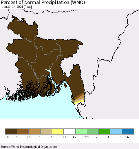 Bangladesh Percent of Normal Precipitation (WMO) Thematic Map For 1/8/2024 - 1/14/2024