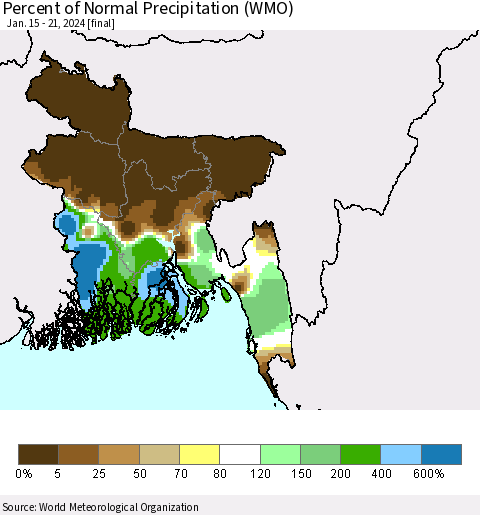 Bangladesh Percent of Normal Precipitation (WMO) Thematic Map For 1/15/2024 - 1/21/2024