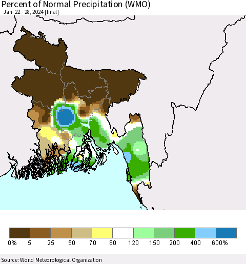 Bangladesh Percent of Normal Precipitation (WMO) Thematic Map For 1/22/2024 - 1/28/2024