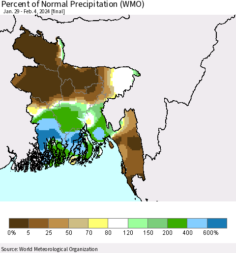Bangladesh Percent of Normal Precipitation (WMO) Thematic Map For 1/29/2024 - 2/4/2024