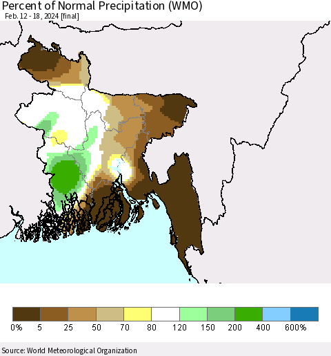 Bangladesh Percent of Normal Precipitation (WMO) Thematic Map For 2/12/2024 - 2/18/2024