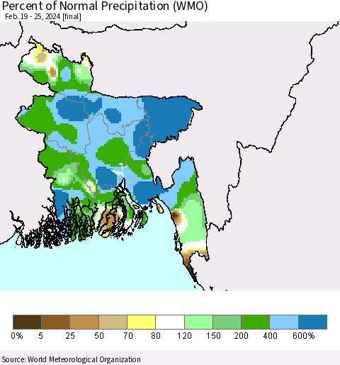 Bangladesh Percent of Normal Precipitation (WMO) Thematic Map For 2/19/2024 - 2/25/2024