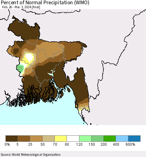 Bangladesh Percent of Normal Precipitation (WMO) Thematic Map For 2/26/2024 - 3/3/2024