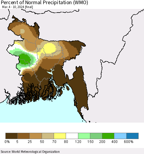 Bangladesh Percent of Normal Precipitation (WMO) Thematic Map For 3/4/2024 - 3/10/2024