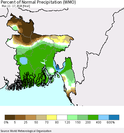 Bangladesh Percent of Normal Precipitation (WMO) Thematic Map For 3/11/2024 - 3/17/2024