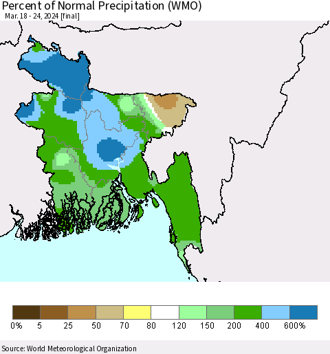 Bangladesh Percent of Normal Precipitation (WMO) Thematic Map For 3/18/2024 - 3/24/2024