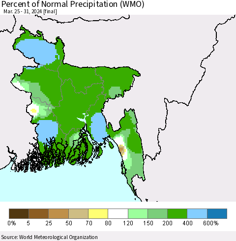 Bangladesh Percent of Normal Precipitation (WMO) Thematic Map For 3/25/2024 - 3/31/2024