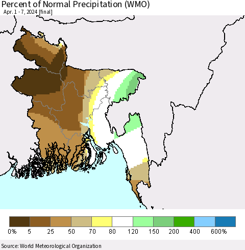 Bangladesh Percent of Normal Precipitation (WMO) Thematic Map For 4/1/2024 - 4/7/2024