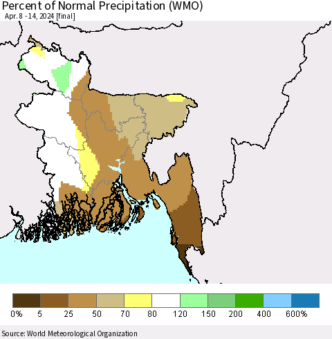 Bangladesh Percent of Normal Precipitation (WMO) Thematic Map For 4/8/2024 - 4/14/2024