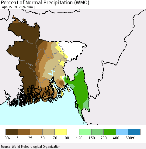 Bangladesh Percent of Normal Precipitation (WMO) Thematic Map For 4/15/2024 - 4/21/2024