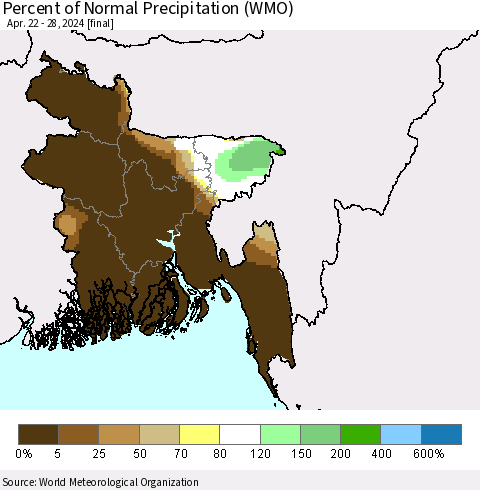 Bangladesh Percent of Normal Precipitation (WMO) Thematic Map For 4/22/2024 - 4/28/2024