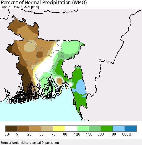 Bangladesh Percent of Normal Precipitation (WMO) Thematic Map For 4/29/2024 - 5/5/2024