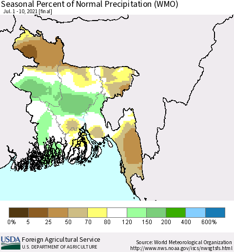 Bangladesh Seasonal Percent of Normal Precipitation (WMO) Thematic Map For 7/1/2021 - 7/10/2021