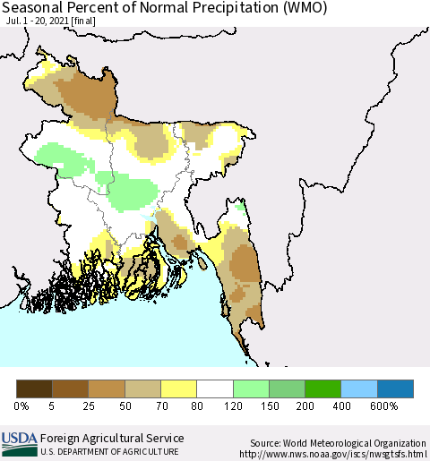 Bangladesh Seasonal Percent of Normal Precipitation (WMO) Thematic Map For 7/1/2021 - 7/20/2021