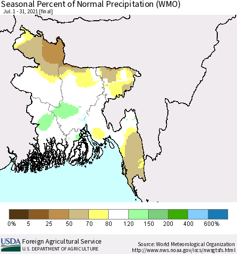 Bangladesh Seasonal Percent of Normal Precipitation (WMO) Thematic Map For 7/1/2021 - 7/31/2021