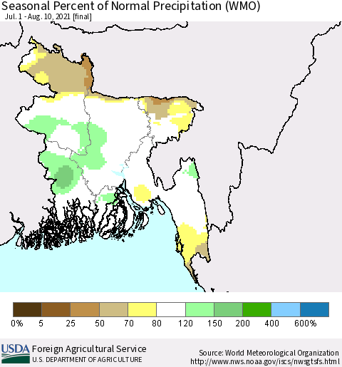 Bangladesh Seasonal Percent of Normal Precipitation (WMO) Thematic Map For 7/1/2021 - 8/10/2021
