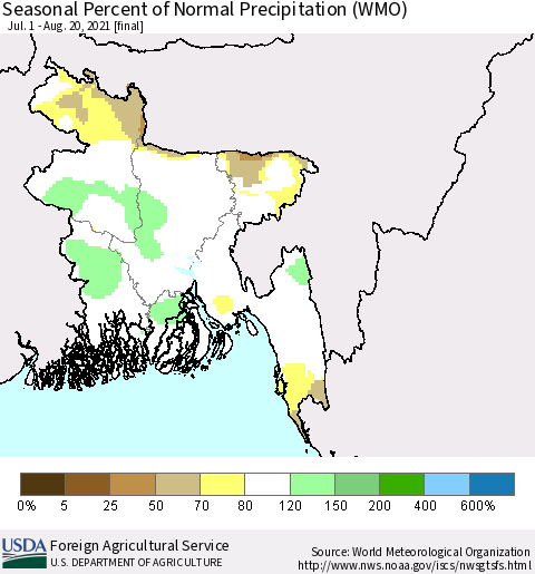 Bangladesh Seasonal Percent of Normal Precipitation (WMO) Thematic Map For 7/1/2021 - 8/20/2021