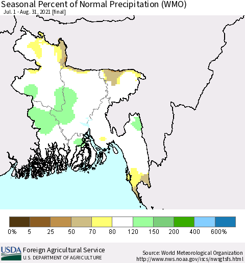 Bangladesh Seasonal Percent of Normal Precipitation (WMO) Thematic Map For 7/1/2021 - 8/31/2021