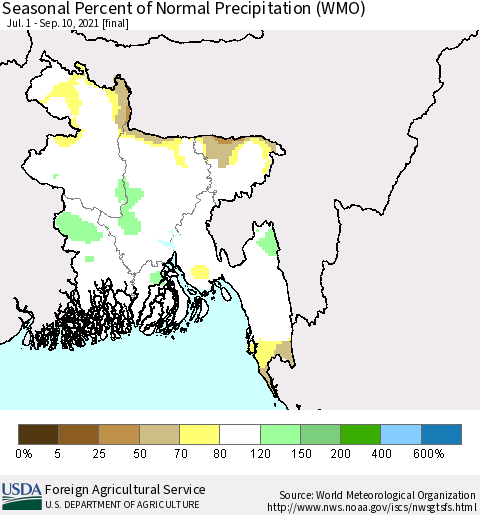 Bangladesh Seasonal Percent of Normal Precipitation (WMO) Thematic Map For 7/1/2021 - 9/10/2021