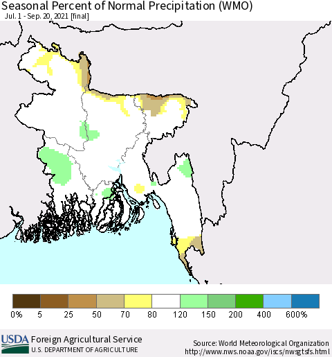 Bangladesh Seasonal Percent of Normal Precipitation (WMO) Thematic Map For 7/1/2021 - 9/20/2021