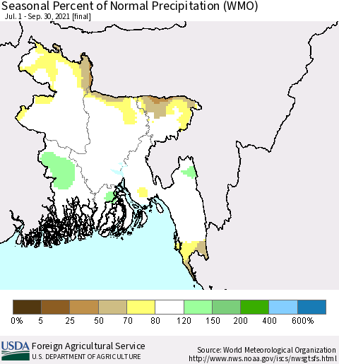 Bangladesh Seasonal Percent of Normal Precipitation (WMO) Thematic Map For 7/1/2021 - 9/30/2021