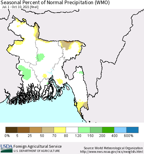 Bangladesh Seasonal Percent of Normal Precipitation (WMO) Thematic Map For 7/1/2021 - 10/10/2021