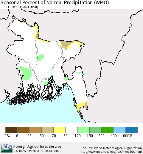 Bangladesh Seasonal Percent of Normal Precipitation (WMO) Thematic Map For 7/1/2021 - 10/31/2021