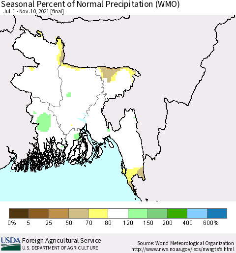 Bangladesh Seasonal Percent of Normal Precipitation (WMO) Thematic Map For 7/1/2021 - 11/10/2021