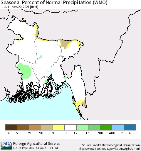 Bangladesh Seasonal Percent of Normal Precipitation (WMO) Thematic Map For 7/1/2021 - 11/20/2021