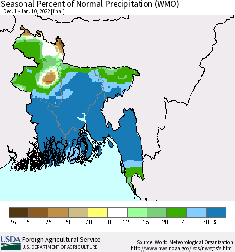 Bangladesh Seasonal Percent of Normal Precipitation (WMO) Thematic Map For 12/1/2021 - 1/10/2022