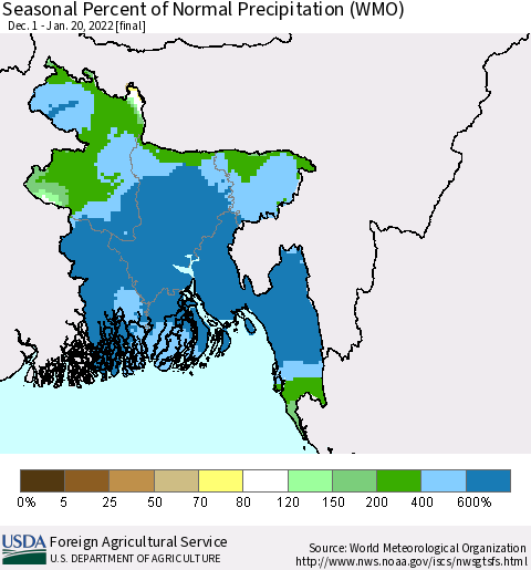 Bangladesh Seasonal Percent of Normal Precipitation (WMO) Thematic Map For 12/1/2021 - 1/20/2022