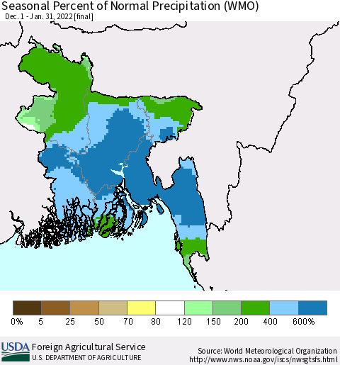 Bangladesh Seasonal Percent of Normal Precipitation (WMO) Thematic Map For 12/1/2021 - 1/31/2022