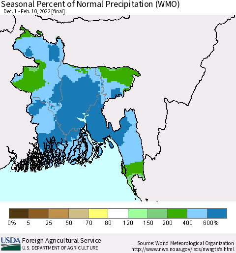Bangladesh Seasonal Percent of Normal Precipitation (WMO) Thematic Map For 12/1/2021 - 2/10/2022