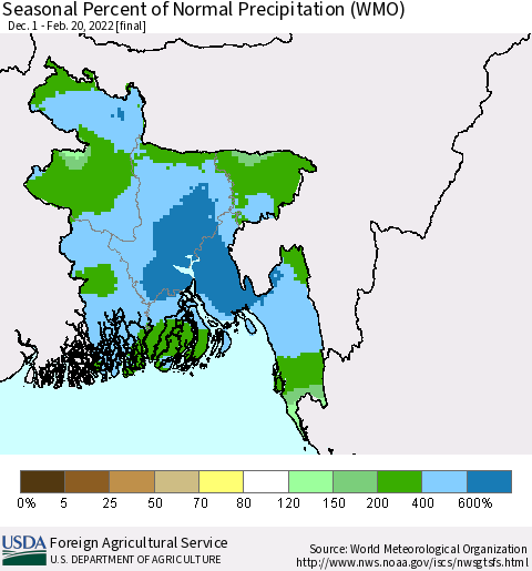 Bangladesh Seasonal Percent of Normal Precipitation (WMO) Thematic Map For 12/1/2021 - 2/20/2022