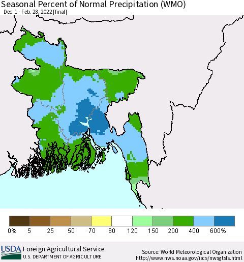 Bangladesh Seasonal Percent of Normal Precipitation (WMO) Thematic Map For 12/1/2021 - 2/28/2022