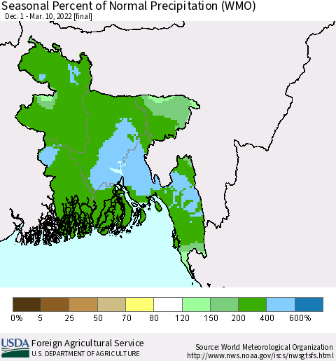 Bangladesh Seasonal Percent of Normal Precipitation (WMO) Thematic Map For 12/1/2021 - 3/10/2022