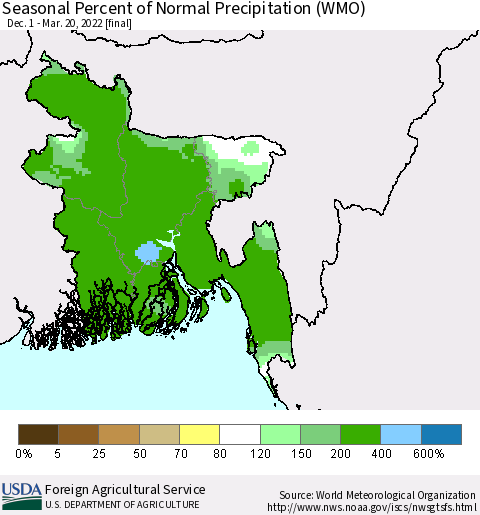 Bangladesh Seasonal Percent of Normal Precipitation (WMO) Thematic Map For 12/1/2021 - 3/20/2022
